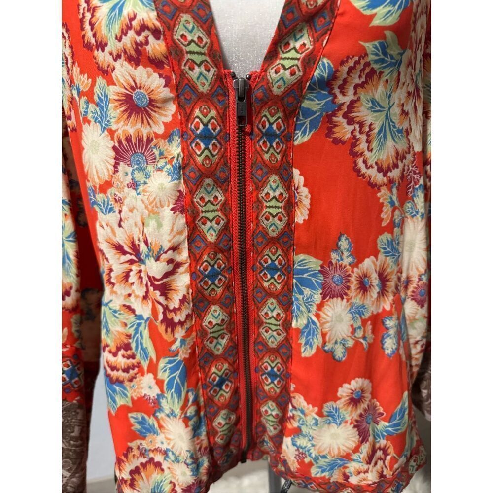 Free People floral print mix print chiffon zip front cinch tie  on hem Xs/S jack - Picture 9 of 9